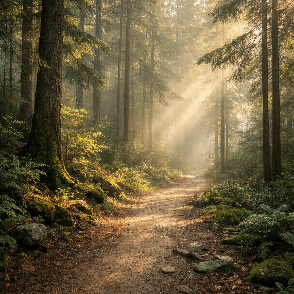 A dirt path winding through a dense forest with sunlight filtering through tall trees and illuminating green ferns and moss.
